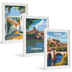BILDER SET 3er Set - 40x60 cm Weißer Rahmen - Retro-Stadtgrafiken
