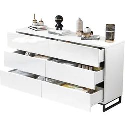 STILVORA Sideboard 140x40x79 cm Weiß+Schwarz mit 6 Schubladen, Hochglanz Schubladenfronten, Metallbeine, symmetrisches Design, pflegeleicht