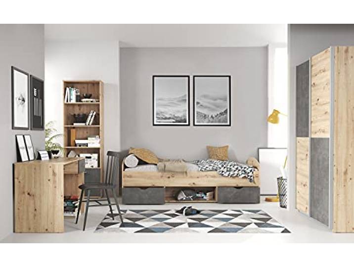 möbel-direkt Jugendzimmer Lupo 7 teilig in Artisan Oak und Dark Grey komplett von Forte mit Schwebetürenschrank mit zusätzlichen Einlegeböden, Jugendbett, Schreibtisch und Regal