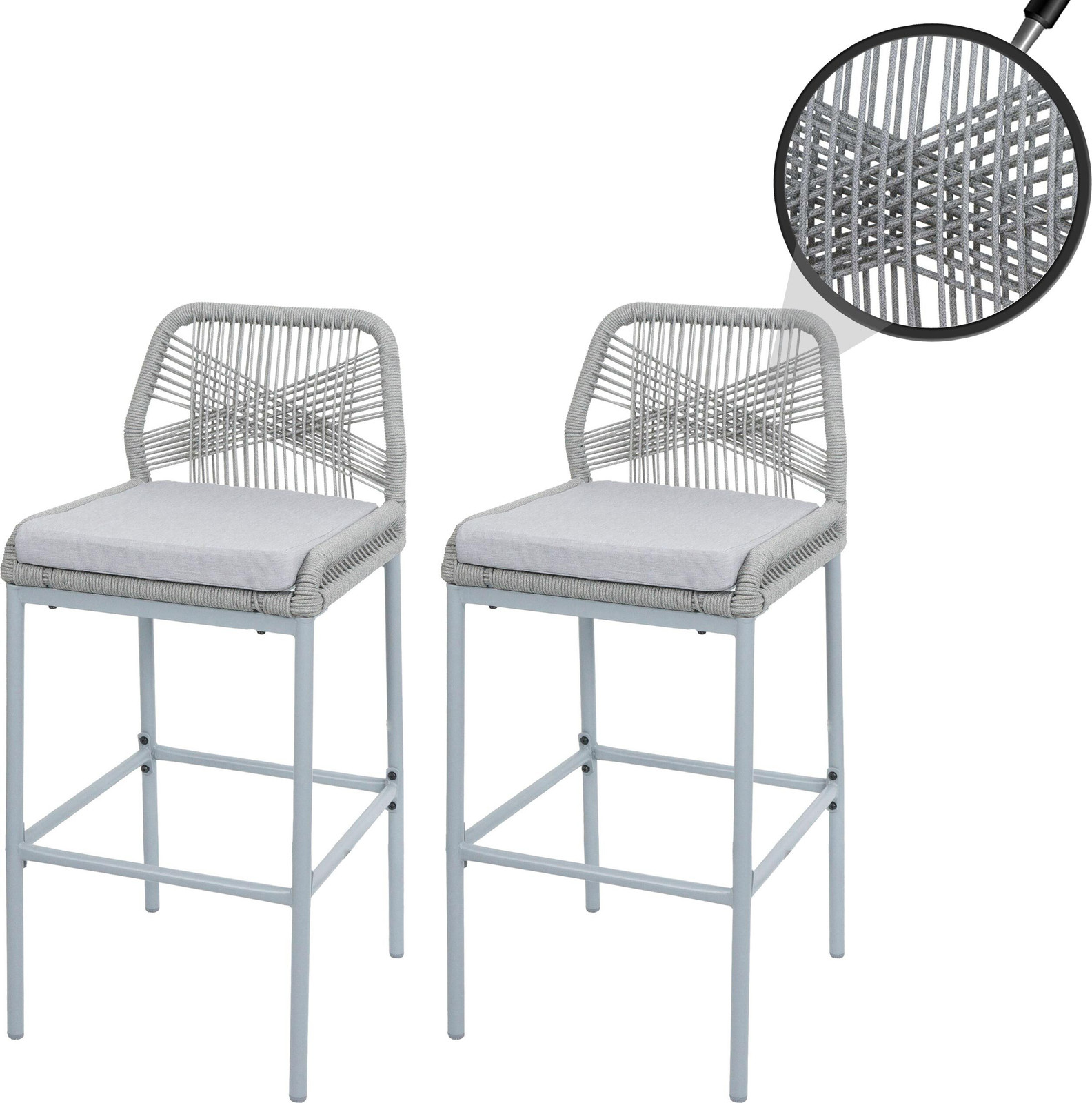 Mendler Set van 2 lichtgrijze touw-barstoelen voor buiten met lichtgrijze zitkussens