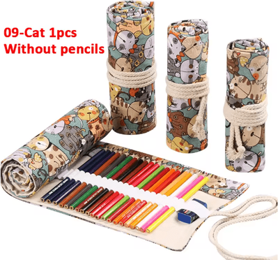 Inspire Picks Canvas Roll Up Pencil Case For Pens, Brushes & School Supplies 09 cat 1pc