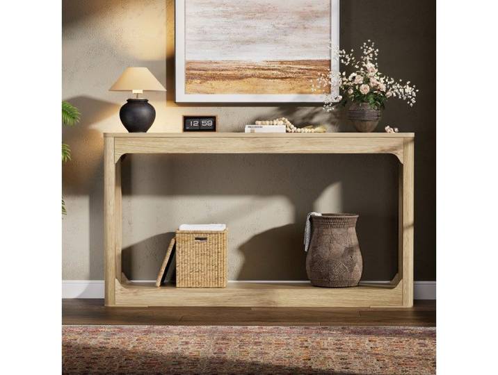 Table console 140 cm AESVAR à 2 niveaux en MDF aspect bois naturel pour entrée couloir ou derrière canapé