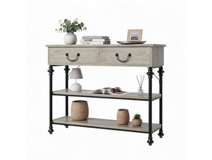Litake Schmaler Konsolentisch mit 2 Schubladen & 2 Ablageböden Retro-Grau Couchtisch mit Stauraum, 104 cm Wohnzimmertisch Holz Couchtisch mit Stauraum, 3-Tier Stabiler Sofatisch für Wohnzimmer, Büro