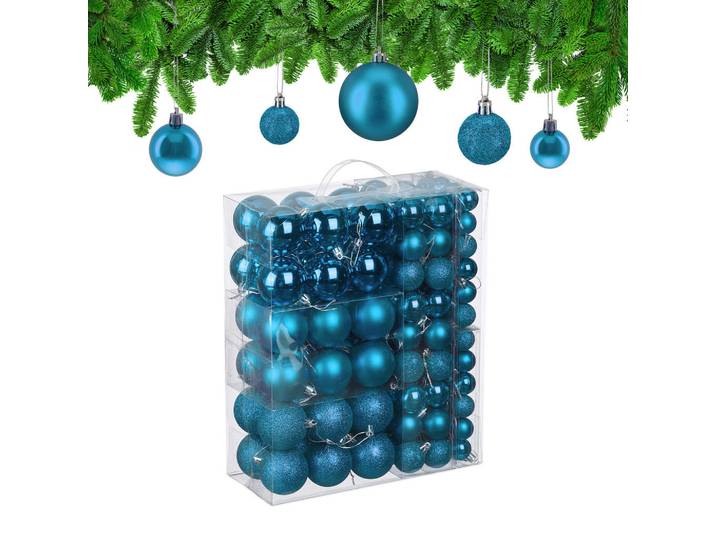 Relaxdays Weihnachtskugeln Petrol 138er-Set Kunststoff, Türkis, Rund, 6x7x6 cm, Dekoration, Weihnachtsdekoration, Christbaumschmuck