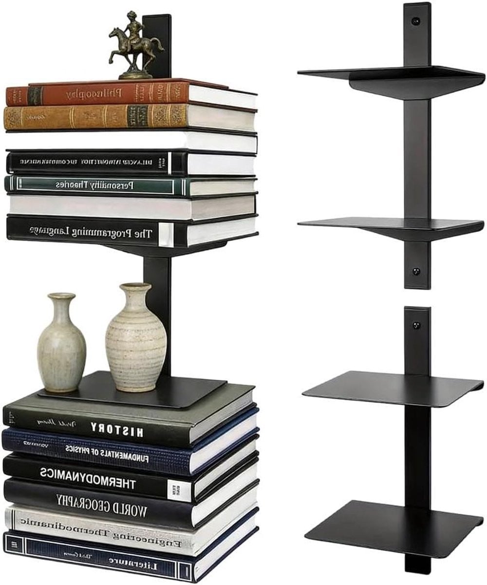 Set van 2 Onzichtbare Boekenplanken - Verticale Boeken Toren - Zwart