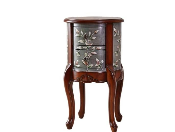SilkRZlsss Runder Massivholz-Beistelltisch im Vintage-Stil 2-Schubladen-Akzentmöbel, Handbemalte Blumenornamente, Nachttisch Für Wohnzimmer Schlafzimmer(#C)