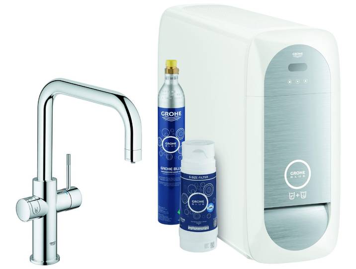 Grohe Blue Home Mitigeur monocommandé pour évier Starter Kit\, portée 223mm\, bec en U\, avec fonction filtre et refroidissement\, 31456001