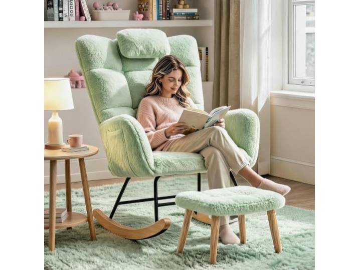 GarveeHome Schaukelstuhl Mit Kopfstütze, Hohe Rückenlehne, Light Green Hohe Rückenlehne, breite Armlehnen, Wippbasis – ideal für Schlafzimmer, Büro oder Babyzimmer.