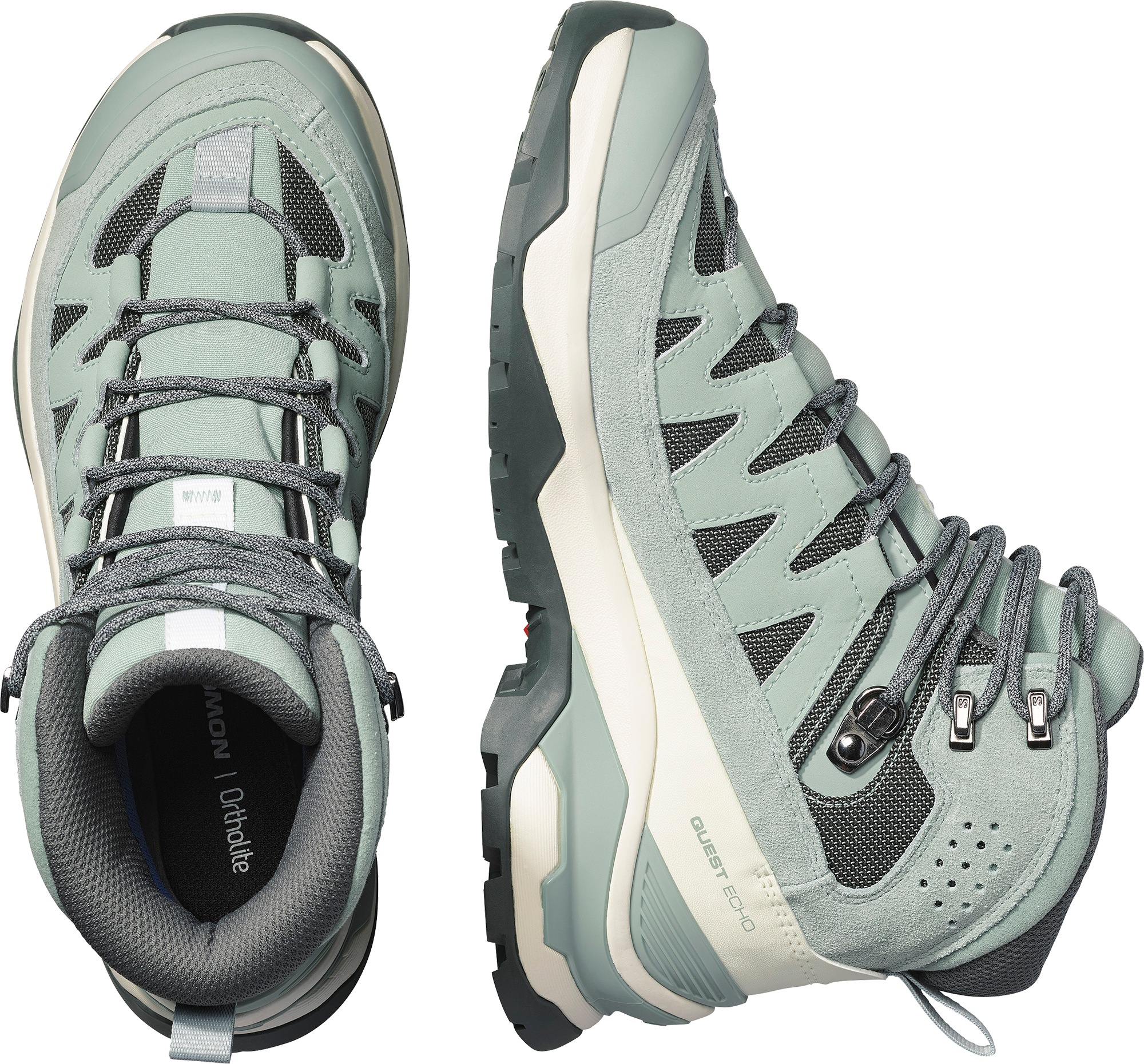 Wanderschuh SALOMON "QUEST ECHO GORE TEX", Damen, Gr. 40,5, atmungsaktiv, grün milieu, icicle, urban chic, Leder, Textil, Schuhe Wanderschuh, wasserdicht grün milieu, icicle, urban chic 40,5, atmungsaktiv