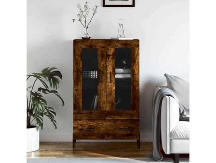 HEFZGDB Stabiles Highboard aus Holzwerkstoff in Räuchereiche mit Metallbeinen, Modernes Highboard mit Glastüren und viel Stauraum, für Wohnzimmer oder Flur in Räuchereiche für Ihr Zuhause