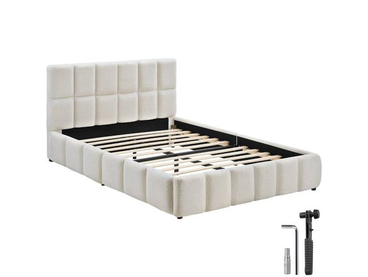 tectake Polsterbett Shirley, Belastbarkeit 250 kg, Teddy creme, Creme, Holz, 140x200 cm, Schlafzimmer, Betten, Polsterbetten
