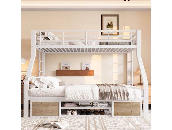 Lit superposé enfant - LEMONBEST - 90x200/140x200 - Métal & MDF - Rangement intégré - Certifié EN747