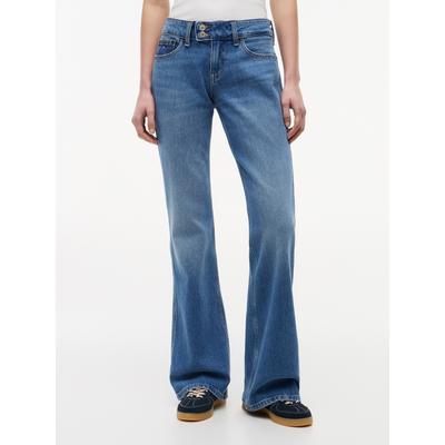 Bootcut-Jeans TOMMY JEANS "SIA LOW BOOTCUT BJ0133", Damen, Gr. 26, Länge 32, blau (denim medium), Denim/Jeans, Obermaterial: 99% Baumwolle, 1% Elasthan, unifarben, lang, Jeans, Baumwollmischung, low waist