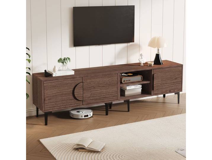 Meuble TV 180x35x49 cm bois foncé 3 portes rangement pour TV 80 pouces