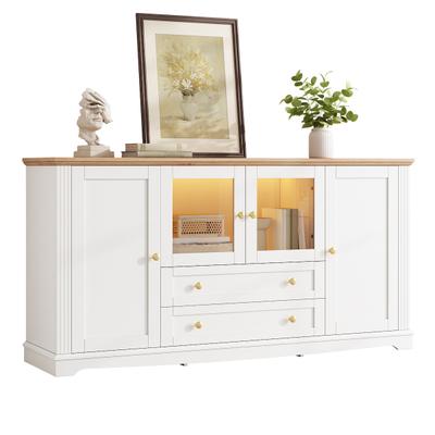 Merax LED Sideboard mit 4 Türen, 2 Glastüren, 2 Schubladen, Eisengriffen, 160 x 40 x 80.5 cm, Weiß