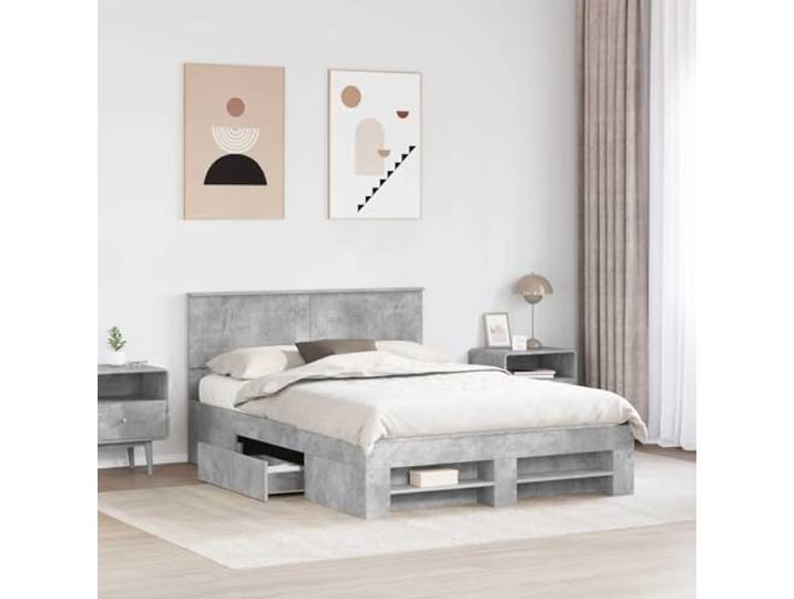 KTHLBRH Bettgestell mit Kopfteil, Zementgrau, 160 x 200 cm Technisches Holz, rechteckiges Design, robuster Rahmen, moderner Stil