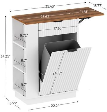 PARISLOFT "10 Gallon Tilt-Out Trash Can Cabinet with Drawer + Tilt-Out Bin , Drop-Leaf Tabletop - 35.43"" x 13.77"" x 34.25"""