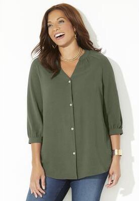 Plus Size Women's Light and Airy Y-Neck Blouse by Catherines in Olive Green (Size 1X)