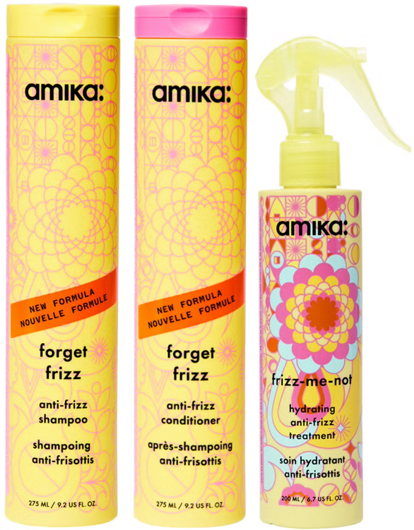 Amika Forget Frizz Shampoo 275ml, Forget Frizz Conditioner 275ml & Fri