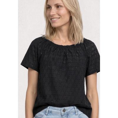 Kurzarmbluse STREET ONE, Damen, Gr. 42, schwarz, Web, 100% Baumwolle, gemustert, regular fit normal, Rundhals, abgesteppt, Blusen, aus reiner Baumwolle