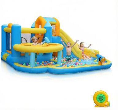 Oxford Cloth Inflatable Castle Bounce House In Blue And Yellow With Curved Slide, Whack-A-Mole & Water Play Function - N/A