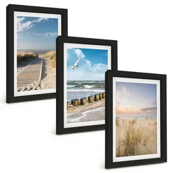 BILDER SET 3er Set - 20x30 cm Schwarzer Rahmen - Strand, Sand, Wellen, Himmel, Vögel