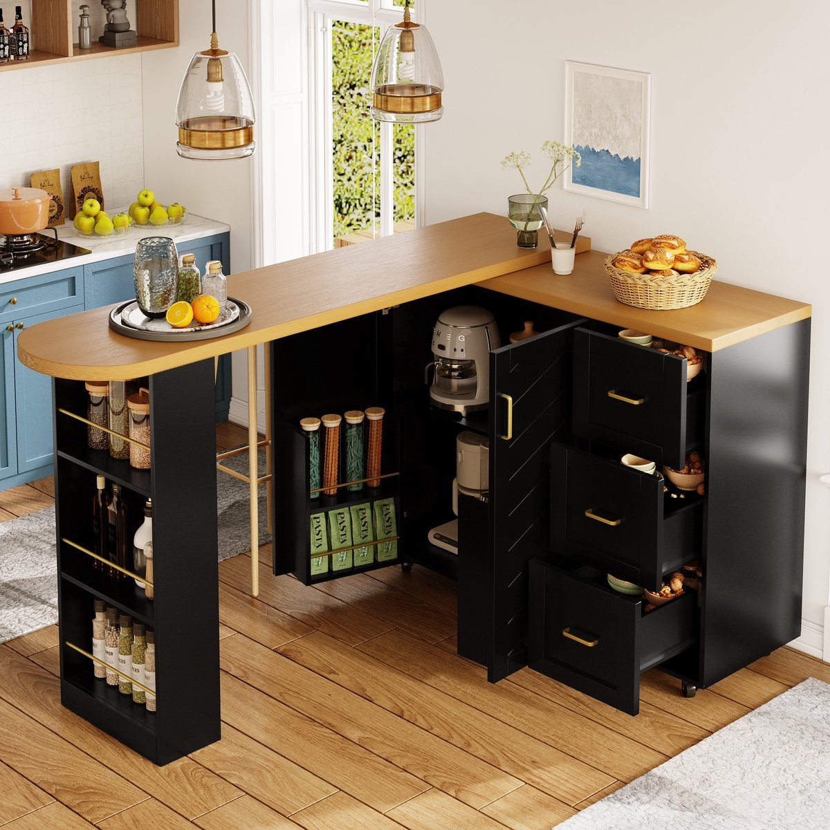 PHOEBE CAT Dressoir met uitschuifbare bartafel, 3 lades en wielen, Zwart + Naturel