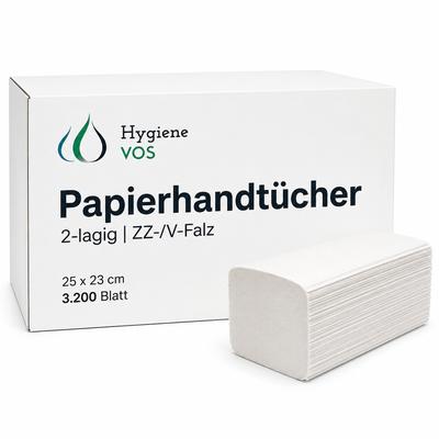 Hygiene VOS Papierhandtücher Zellstoff Hochweiß, 3200 Blatt, 2-lagig, V-Falz ZickZack (25 x 23 cm)