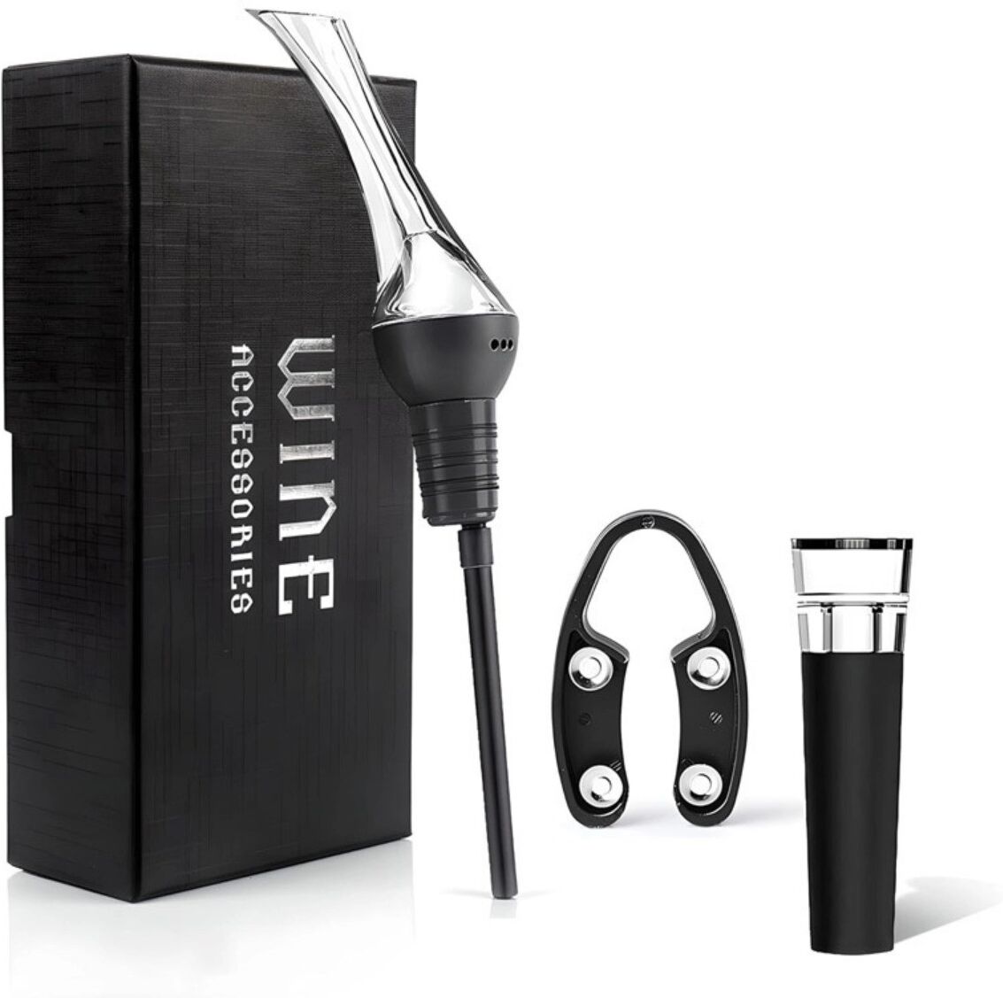 INF Set d'ouvre-bouteille Woodpecker 3 pièces - Bec verseur inox sans goutte, coupe-capsule et bouchon sous vide