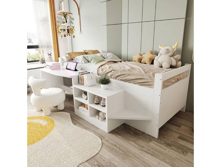 Lit enfant 90×200 cm combiné blanc en bois avec rangement bureau lit simple