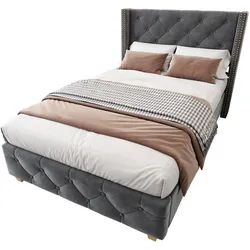 Polsterbett 90x200 cm aus Samt mit Lattenrost und Knopf-Tufting – Elegantes Design und hoher Komfort in Grau