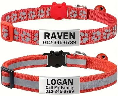 Uplift Essentials Custom Reflective Cat Safety Collar Set Personalized ID & Quick Release Buckle For Kittens & Small Dogs (2 Pack) red