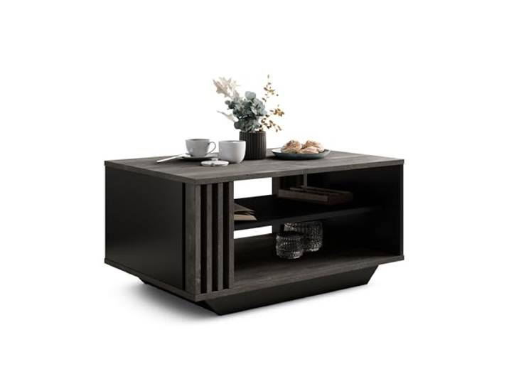 Viosimc Couchtisch, Wohnzimmertisch mit modernen Lamellen, moderner und stilvoller rechteckiger Kaffeetisch mit Ablage, stilvolle Ergänzung für jedes Wohnzimmer – Beton & Stahl Schwarz