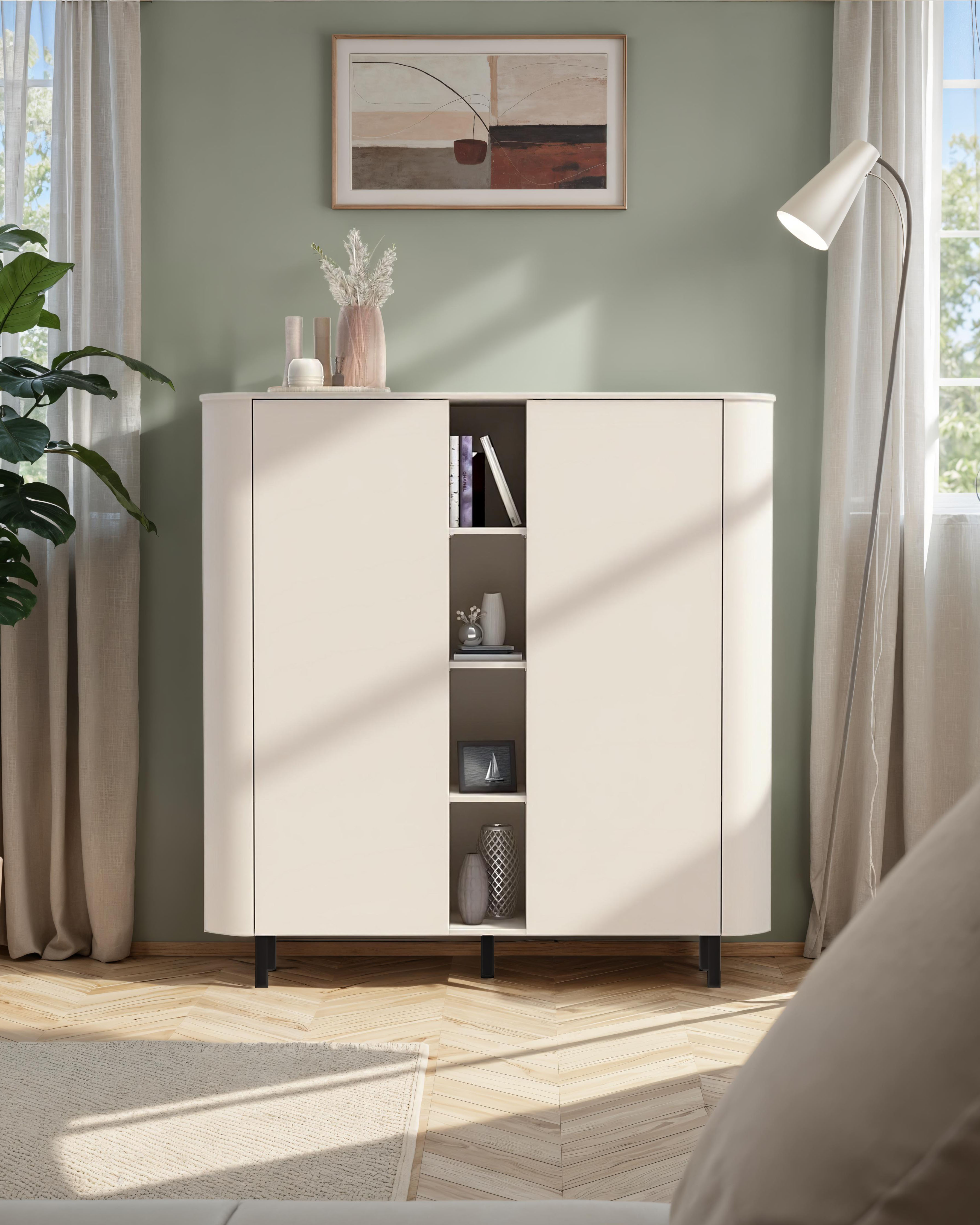 Highboard OTTO HOME "Lido Stauraumschrank Höhe 154 cm", cashmere, B:150cm H:154cm T:43cm, Holzwerkstoff, Sideboards, Highboard, Formgebogenes MDF, Stirnseiten mit Rundung, Push-to-open, Metallfüße