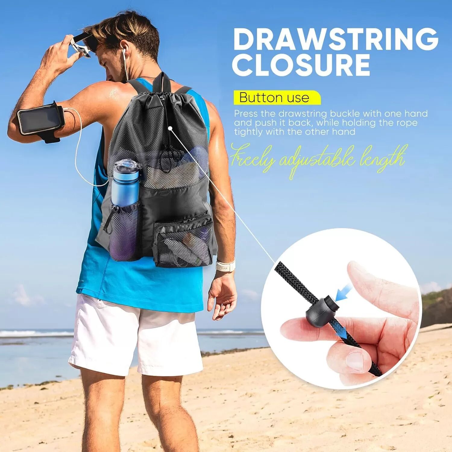 INF Sac à Dos de Plage en Maille - Sac à Cordon Léger en Polyester avec Poches pour Bouteille d'Eau et Clés