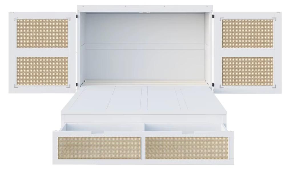 Wandbett - Vertikales Klappbett - 140 x 200 cm - Lattenrost - Stauraum - Rattanoptik - Weiß