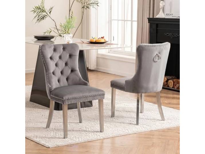 SoarTalent 2er Set Esszimmerstühle Samt Silberbein, Grau Samt gepolstert, Nagelkopfbesatz, versilberten Beinen, Metall-Ziehring, für Esszimmer & Wohnzimmer