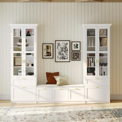 FUFU&GAGA Display Cabinet Set w/Tempered Glass Doors and Storage Bench Bookshelves Bookcase