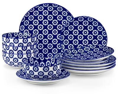 vancasso SELENE 12-Piece Elegant Blue Floral Porcelain Dinnerware Set