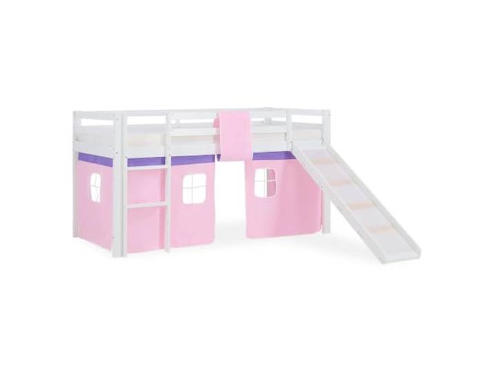 Homestyle4u Hochbett Kinder mit Rutsche 90x200 Massiv Rosa mit Vorhang