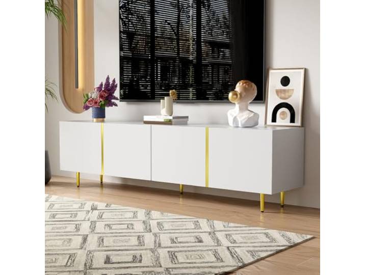 OLIVIBED TV Lowboard mit 4 Türen, TV Schrank mit Goldene Beine und Stauraum, Hochglanz Fernseher Schrank für Fernseher bis zu 70 Zoll, TV Möbel für Wohnzimmer, Schlafzimmer, 170x35x46cm, Weiß (Weiß)