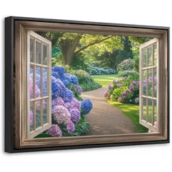 LEINWAND Bilder mit Rahmen - Aussicht - Garten - Fenster - Hortensie - Blumen - 30x20