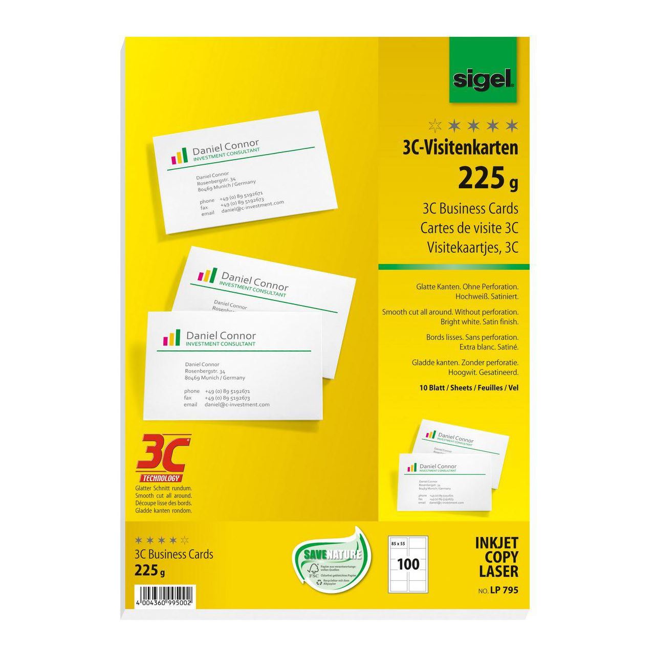 SIGEL 100 Visitenkarten LP795 satiniert weiß 225 g/qm