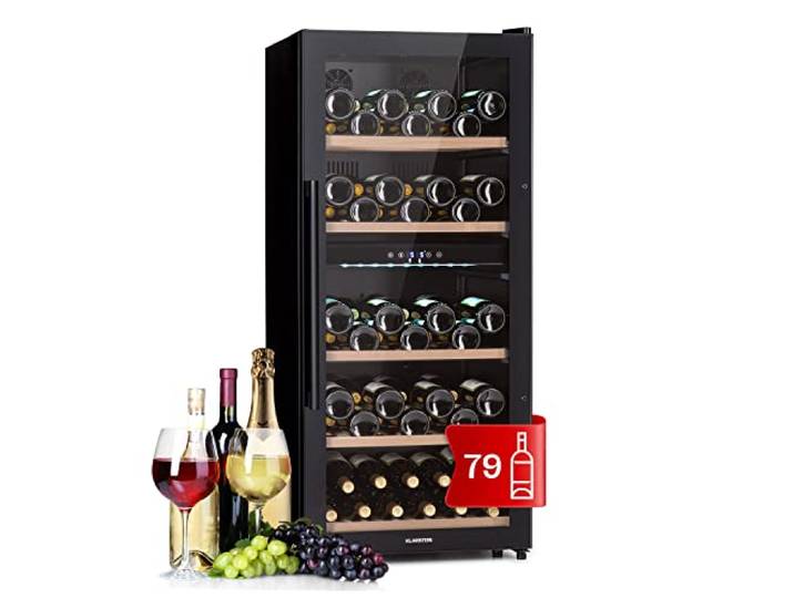 Klarstein Weinkühlschrank, Getränkekühlschrank Schmal, 2 Zonen Kühlschrank mit Glastür, Getränkekühlschränke Freistehend, Weinkühlschrank Klein, Weinkühlschränke mit UV-Schutz, 5-18°C, 91 Flaschen