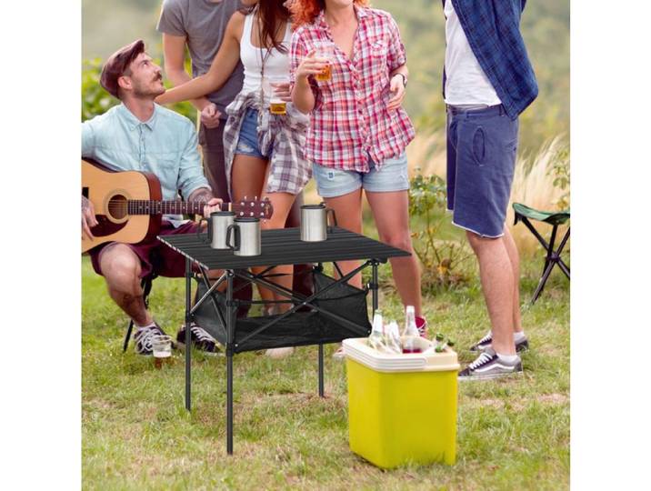 Table de jardin pliante avec poche en filet et plateau enroulable - pour extérieur - 70×70×69 cm - noir