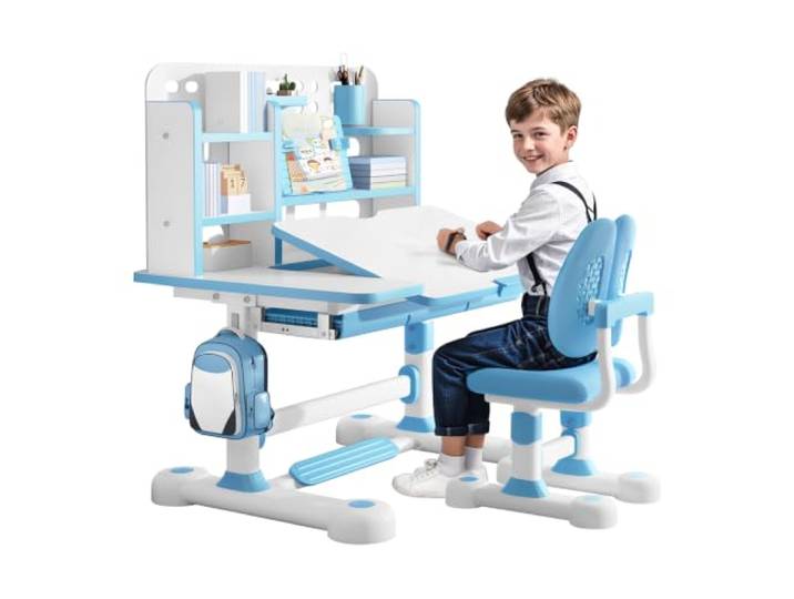 Fiauli Kinderschreibtisch-Stuhl-Set, höhenverstellbar mit Schublade Langlebige MDF-Platte und Metallrahmen, ergonomisches Design für Kinder, ideal für das Home-Schooling Blau 5