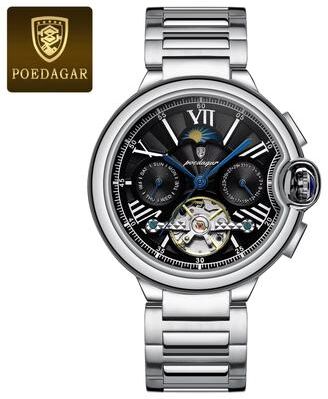 Inspired Finds POEDAGAR Hollow Tourbillon Automatic Mechanical Watch For Men Luxury Stainless Steel Waterproof Wristwatch silver White S