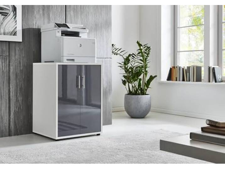 Druckerschrank Office Edition mit 2 Türen, 2 Einlegeböden, Büromöbel, 74 cm Höhe (Weiß/Anthrazit)