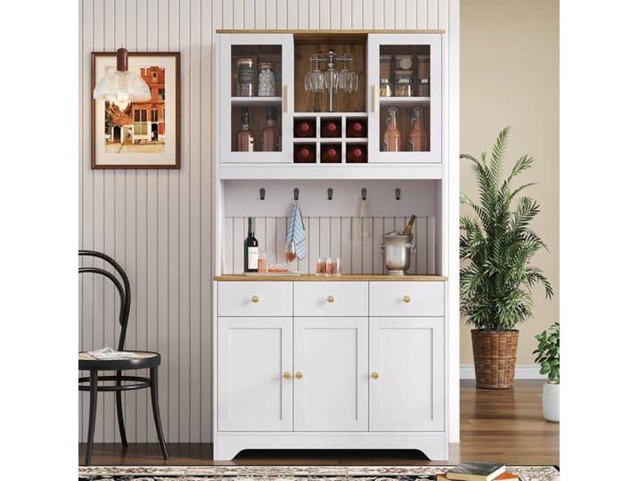 Buffet haut cuisine armoire de cuisine vaisselier 5 portes dont 2en verre 3 tiroirs plan de travail étagères réglables