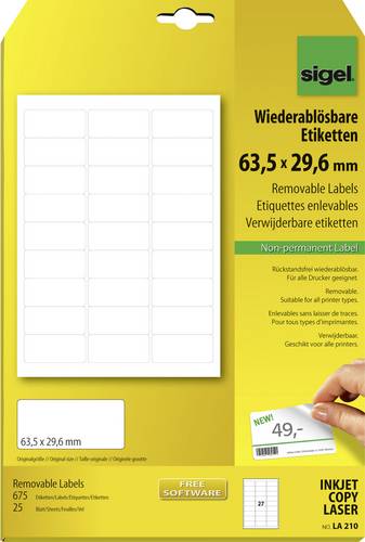 Sigel LA210 Universal-Etiketten 63.5 x 29.6mm Papier Weiß 675 St. Wiederablösbar Tintenstrahldrucker, Laserdrucker